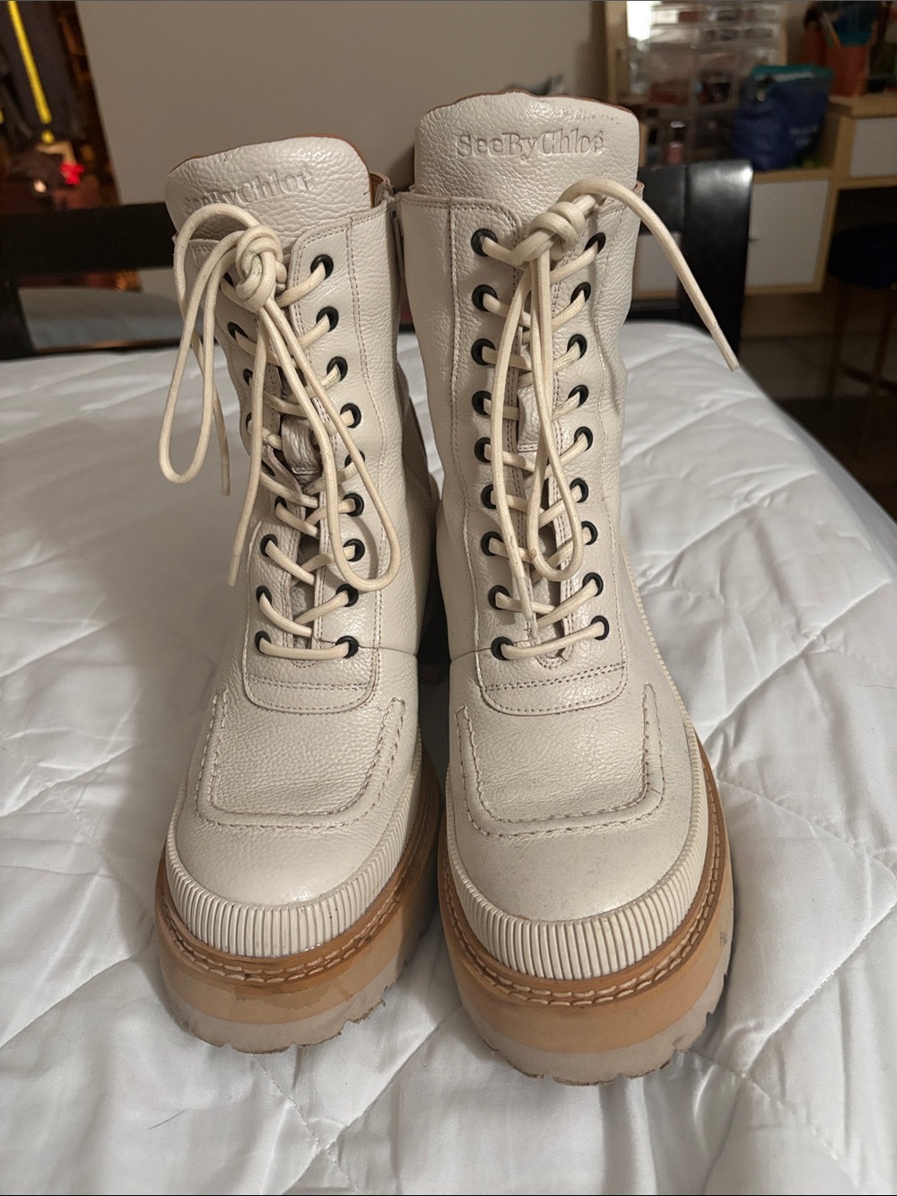 See By Chloe Off-White Leather Lace-Up Platform Boots - LIKE NEW!!